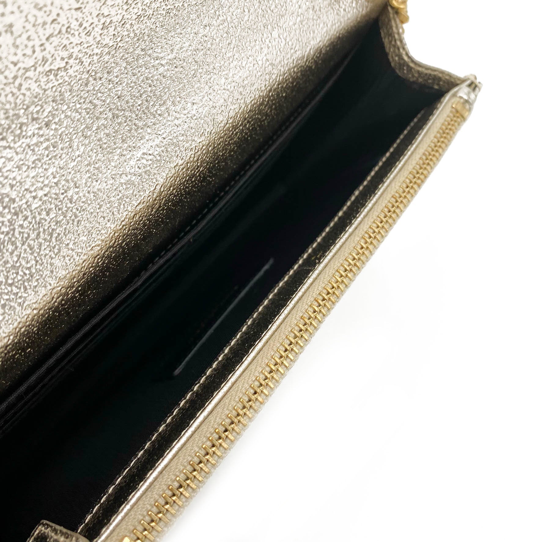Saint Laurent Monogram Envelope Chain Wallet Metallic Silver Calfskin Leather Shoulder Bag
