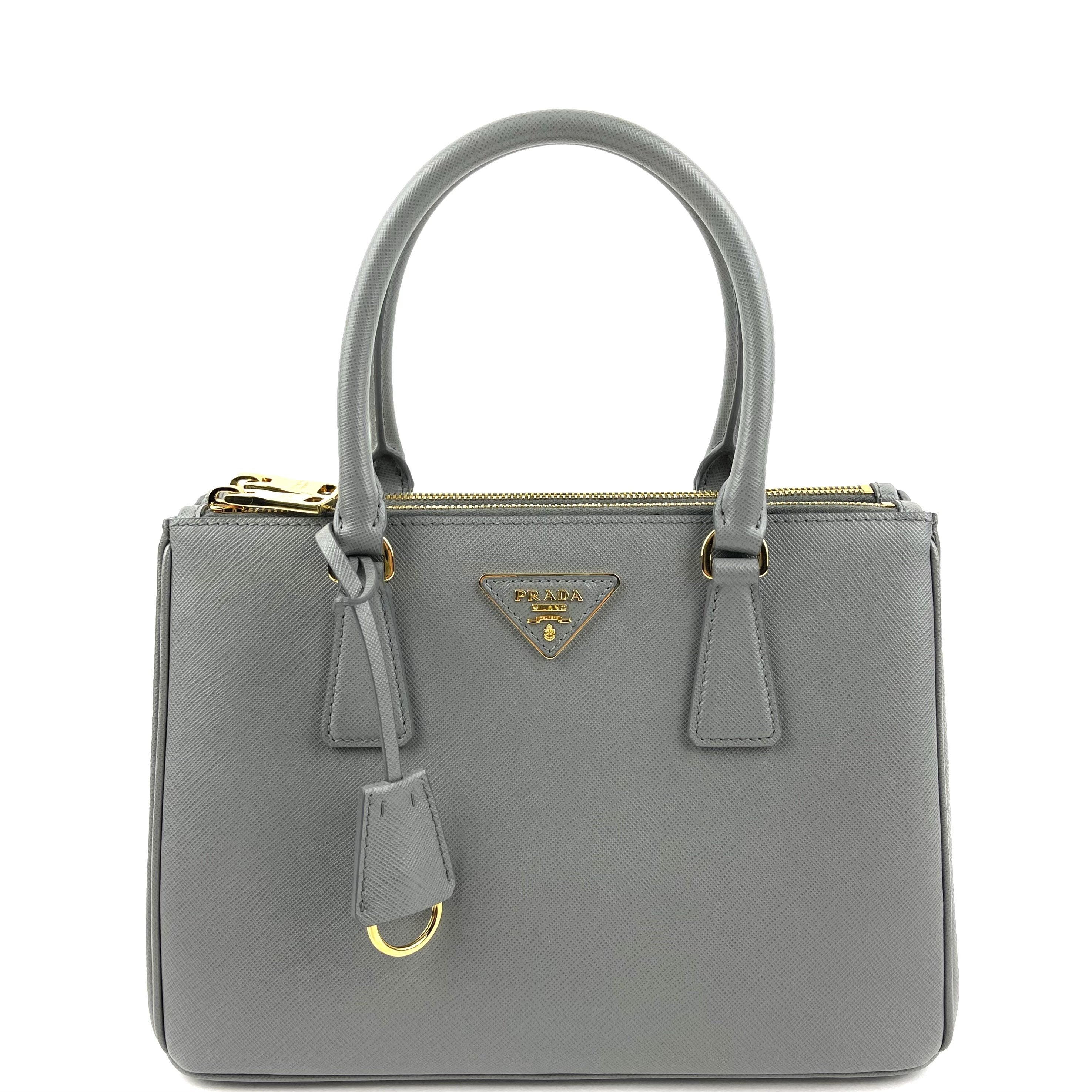 PRADA Small Saffiano Cuir Tote w/Strap - Grey
