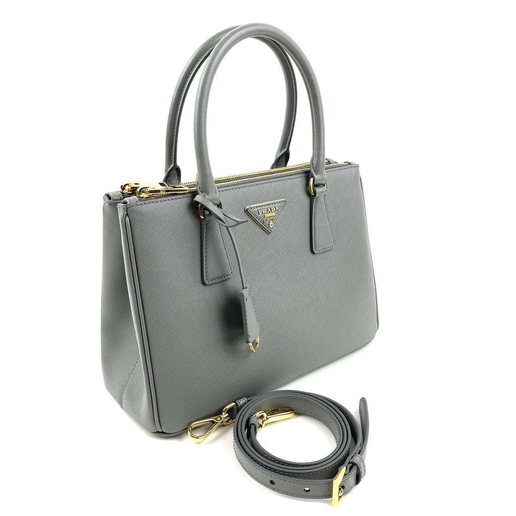 PRADA Small Saffiano Cuir Tote w/Strap - Grey