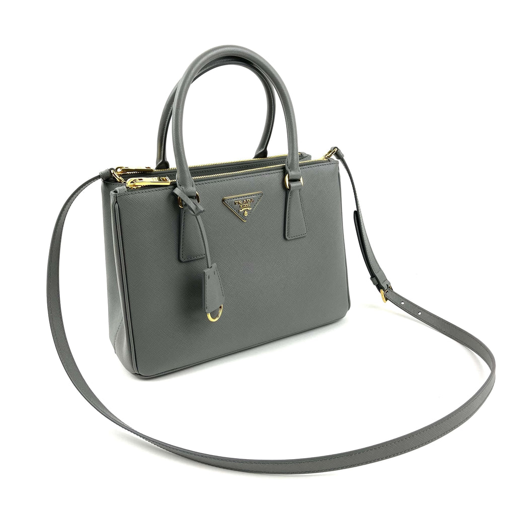 PRADA Small Saffiano Cuir Tote w/Strap - Grey