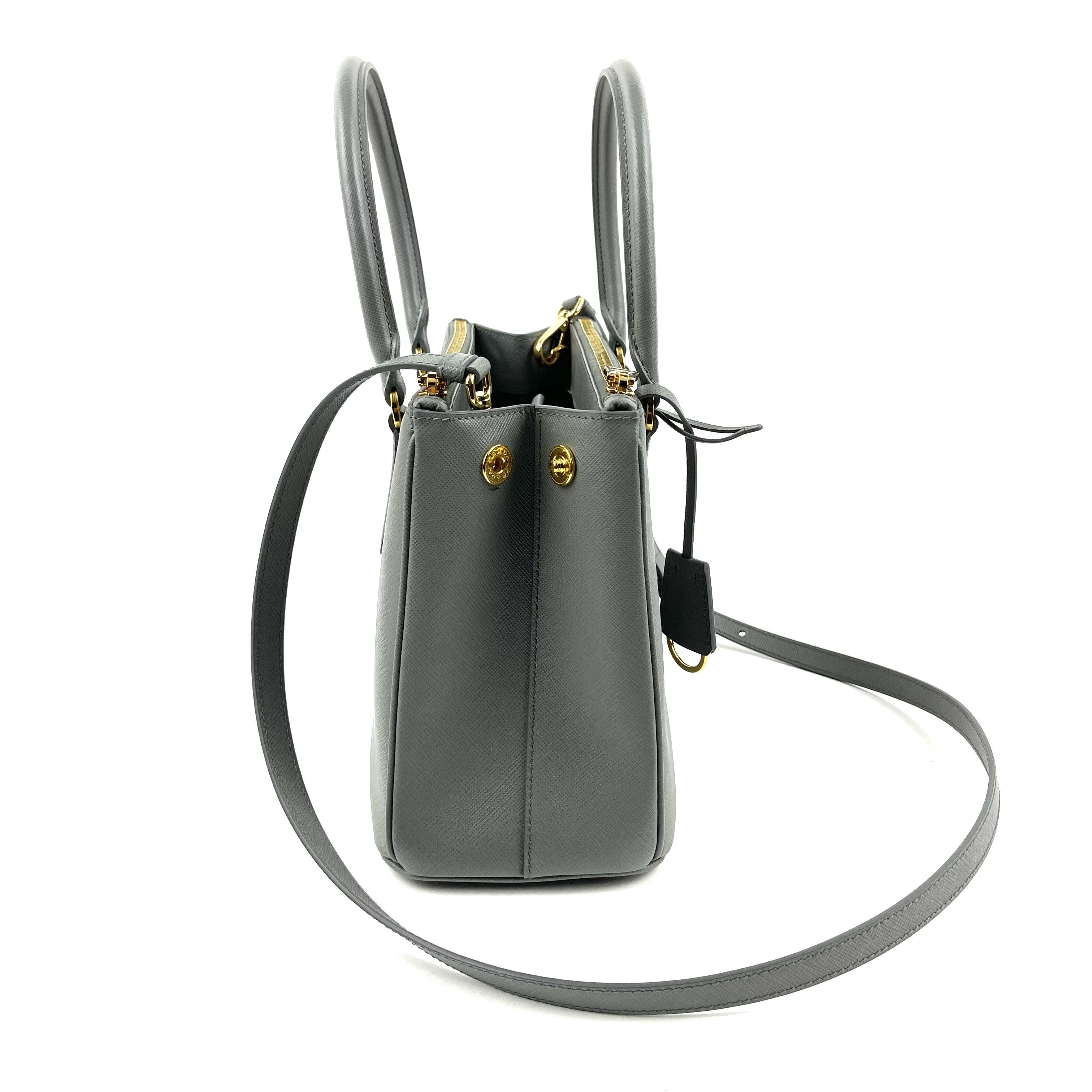 PRADA Small Saffiano Cuir Tote w/Strap - Grey