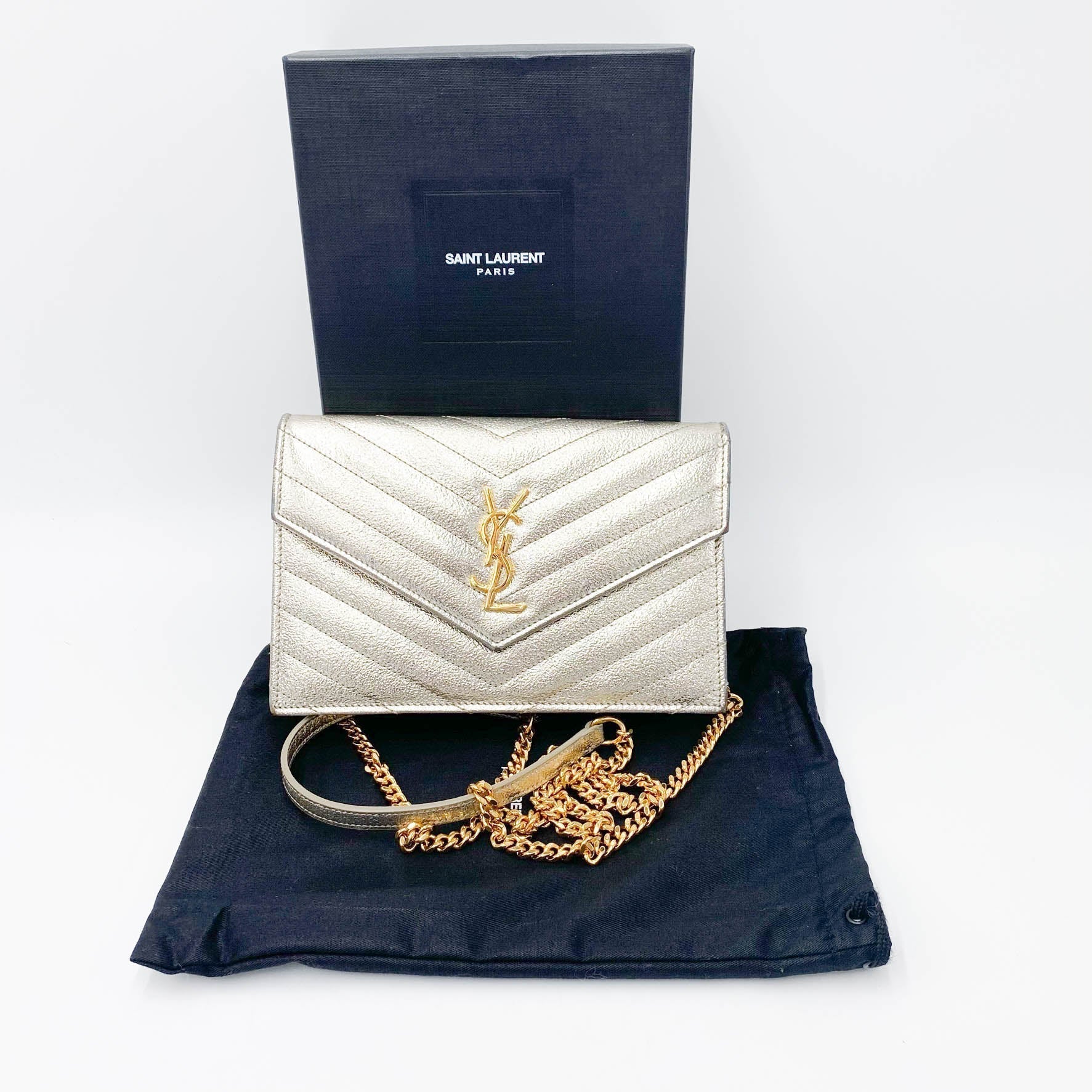 Saint Laurent Chain Wallet Monogram Envelope Metallic Calfskin Matelasse Chevron Pale Gold Leather Shoulder Bag