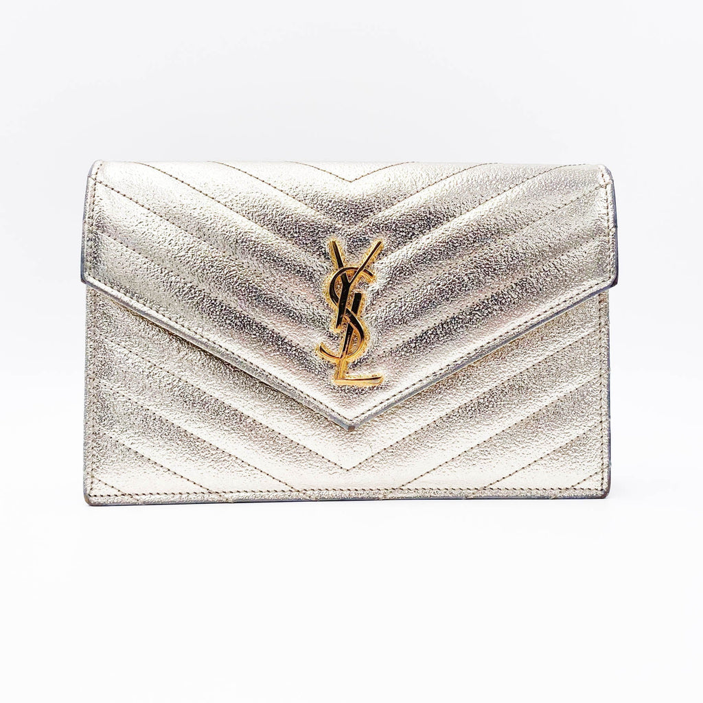 Saint Laurent Chain Wallet Monogram Envelope Metallic Calfskin Matelasse Chevron Pale Gold Leather Shoulder Bag
