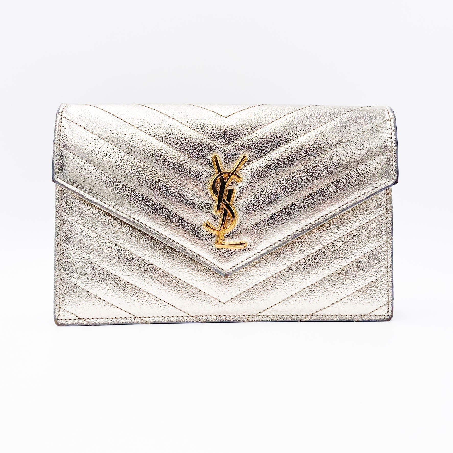 Saint Laurent Chain Wallet Monogram Envelope Metallic Calfskin Matelasse Chevron Pale Gold Leather Shoulder Bag