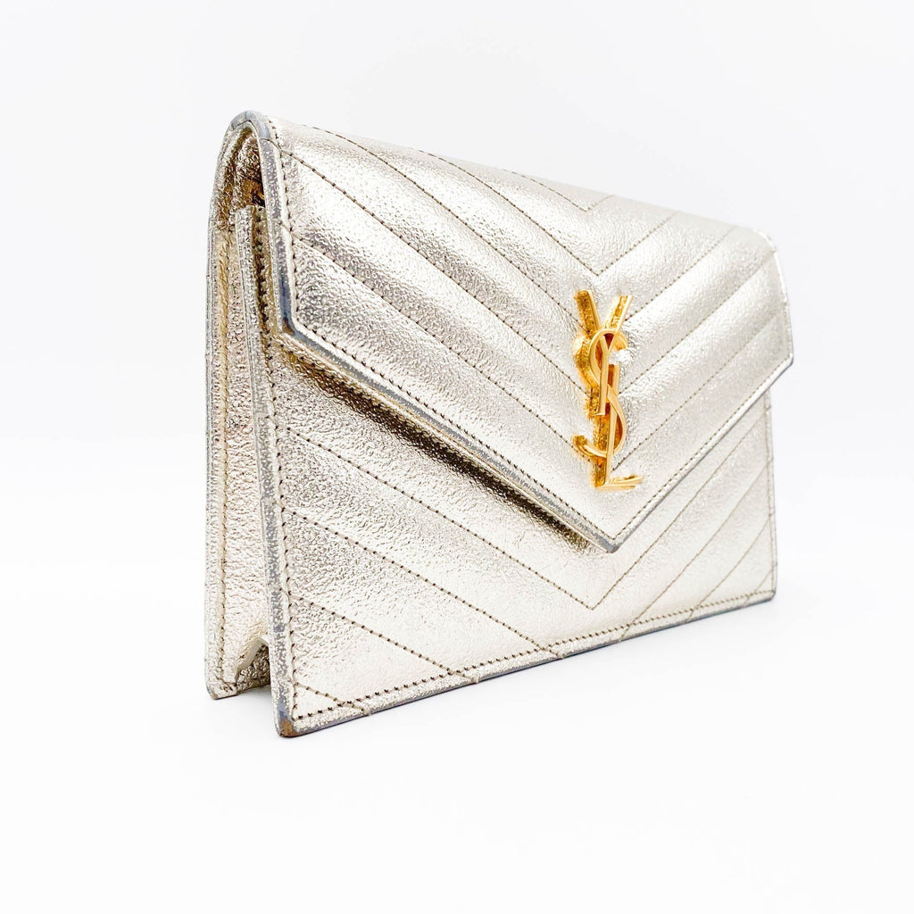 Saint Laurent Chain Wallet Monogram Envelope Metallic Calfskin Matelasse Chevron Pale Gold Leather Shoulder Bag