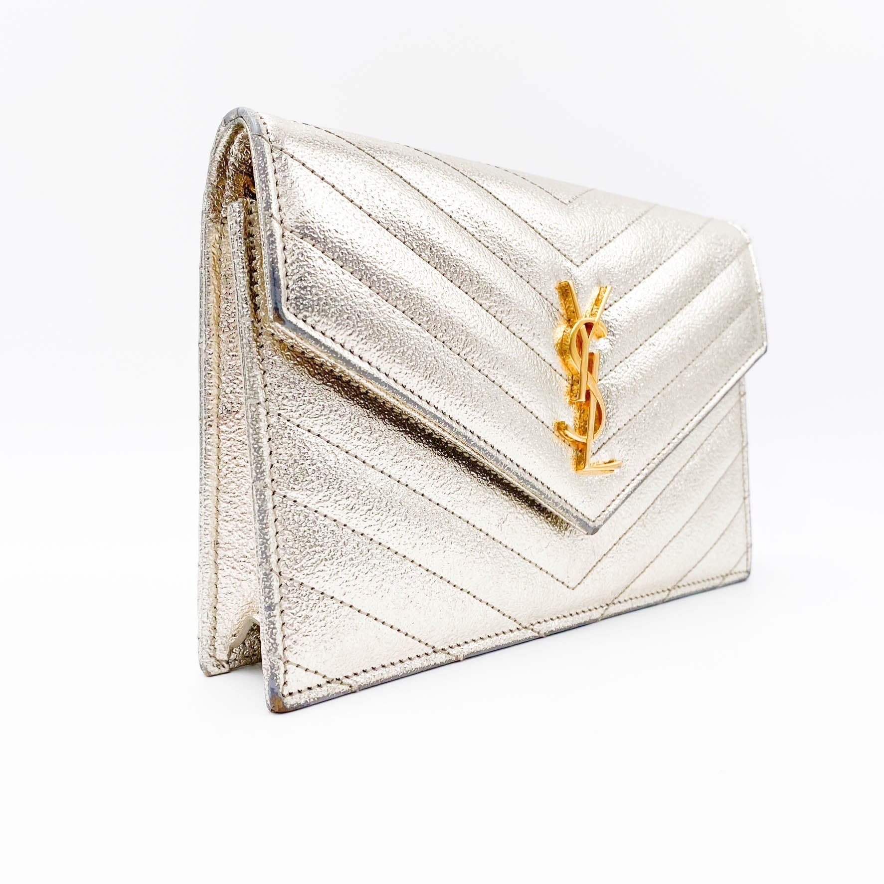 Saint Laurent Chain Wallet Monogram Envelope Metallic Calfskin Matelasse Chevron Pale Gold Leather Shoulder Bag