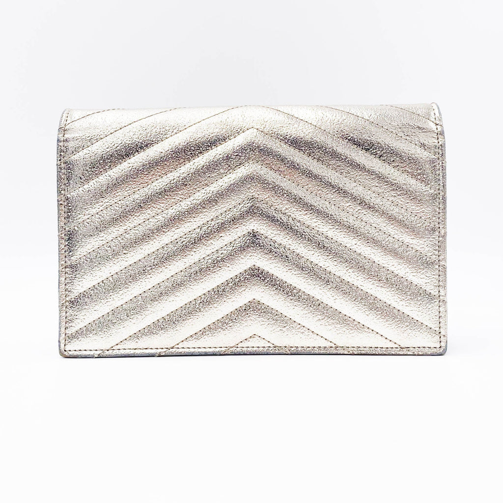 Saint Laurent Chain Wallet Monogram Envelope Metallic Calfskin Matelasse Chevron Pale Gold Leather Shoulder Bag