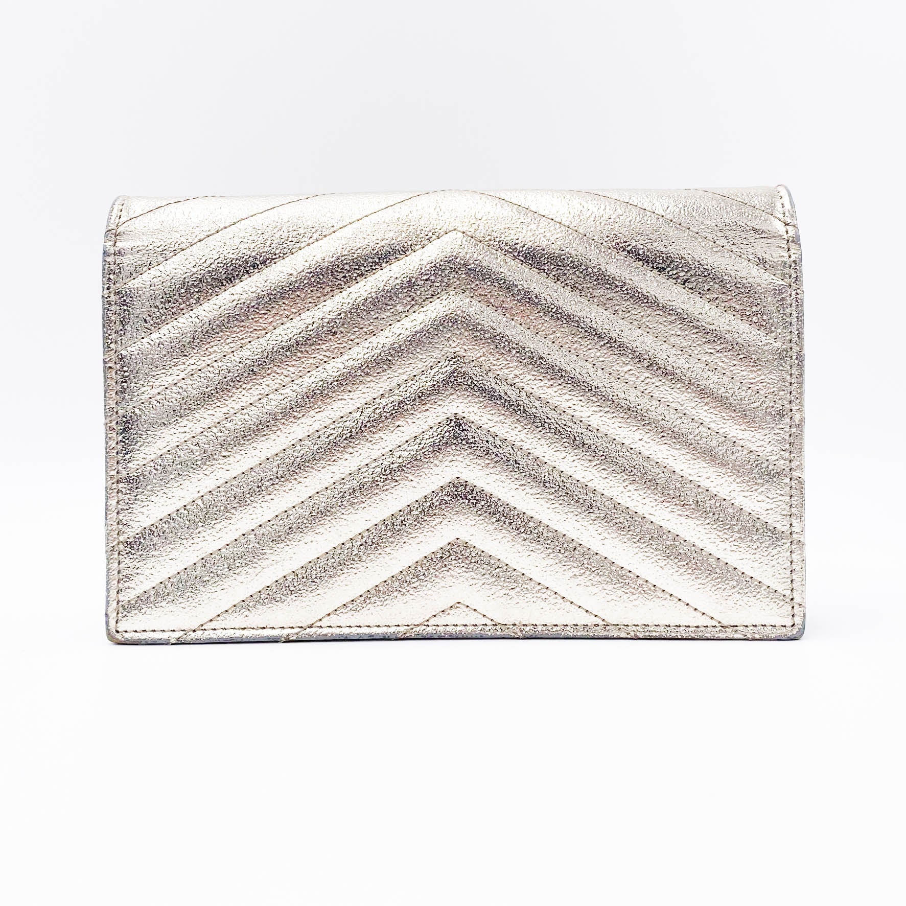 Saint Laurent Chain Wallet Monogram Envelope Metallic Calfskin Matelasse Chevron Pale Gold Leather Shoulder Bag