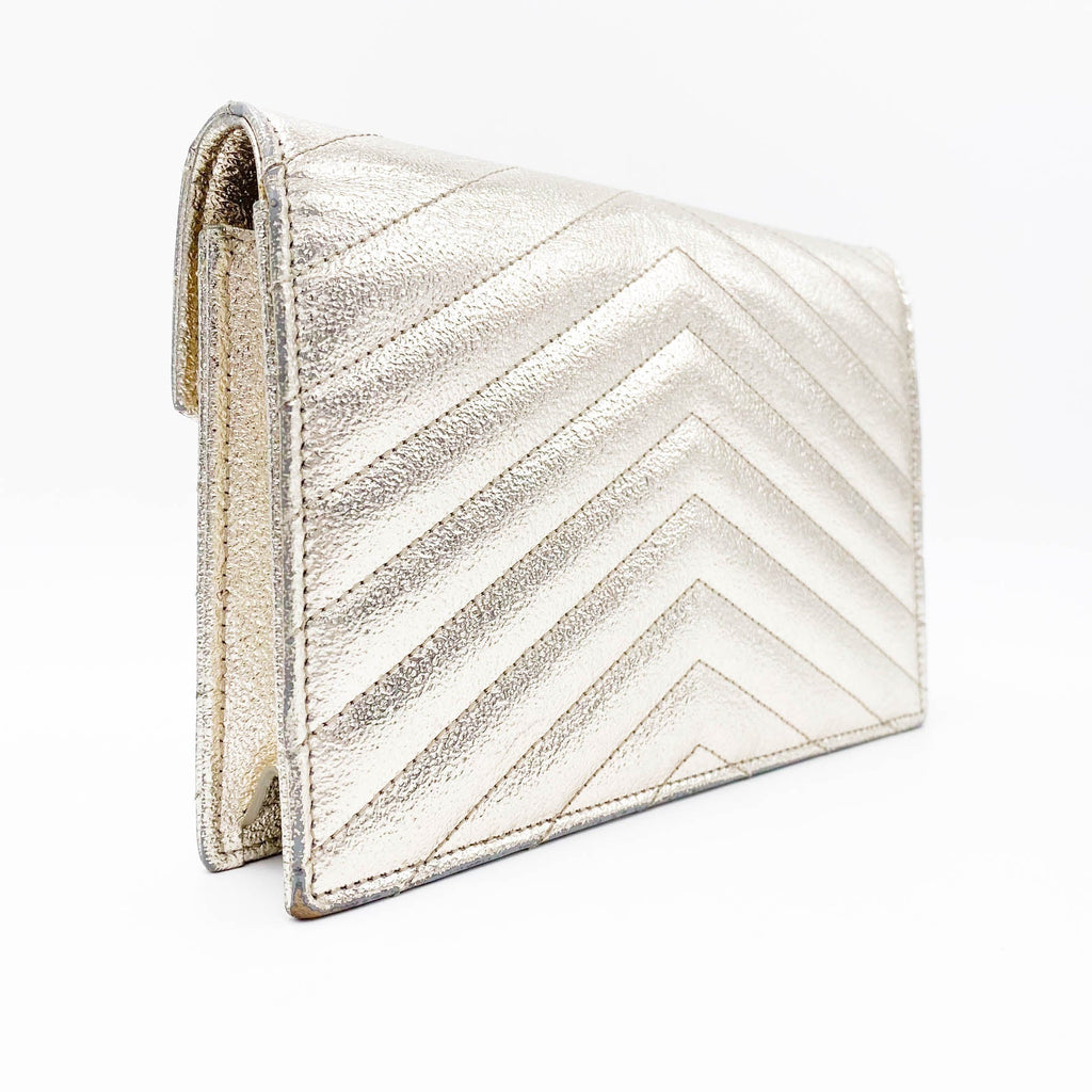 Saint Laurent Chain Wallet Monogram Envelope Metallic Calfskin Matelasse Chevron Pale Gold Leather Shoulder Bag