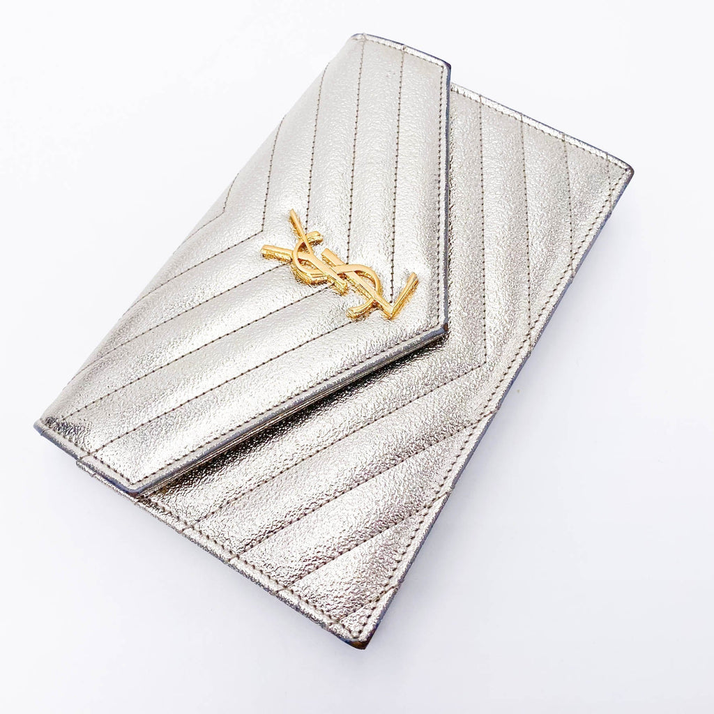 Saint Laurent Chain Wallet Monogram Envelope Metallic Calfskin Matelasse Chevron Pale Gold Leather Shoulder Bag