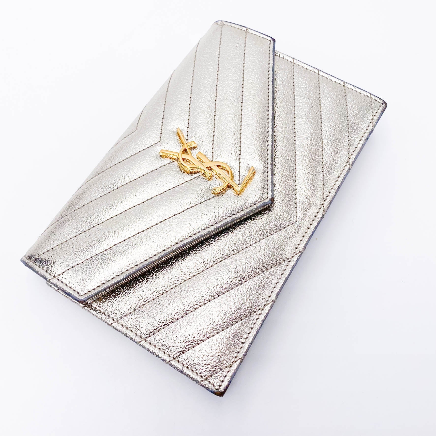 Saint Laurent Chain Wallet Monogram Envelope Metallic Calfskin Matelasse Chevron Pale Gold Leather Shoulder Bag