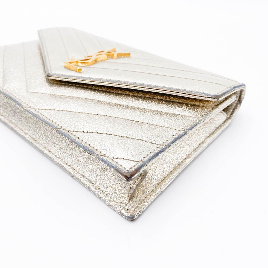 Saint Laurent Chain Wallet Monogram Envelope Metallic Calfskin Matelasse Chevron Pale Gold Leather Shoulder Bag