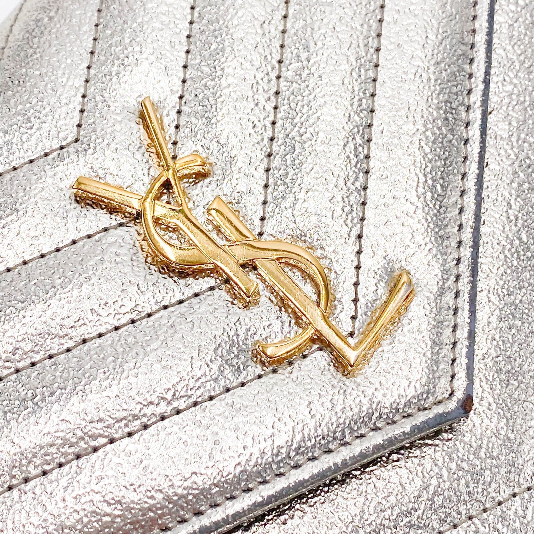 Saint Laurent Chain Wallet Monogram Envelope Metallic Calfskin Matelasse Chevron Pale Gold Leather Shoulder Bag
