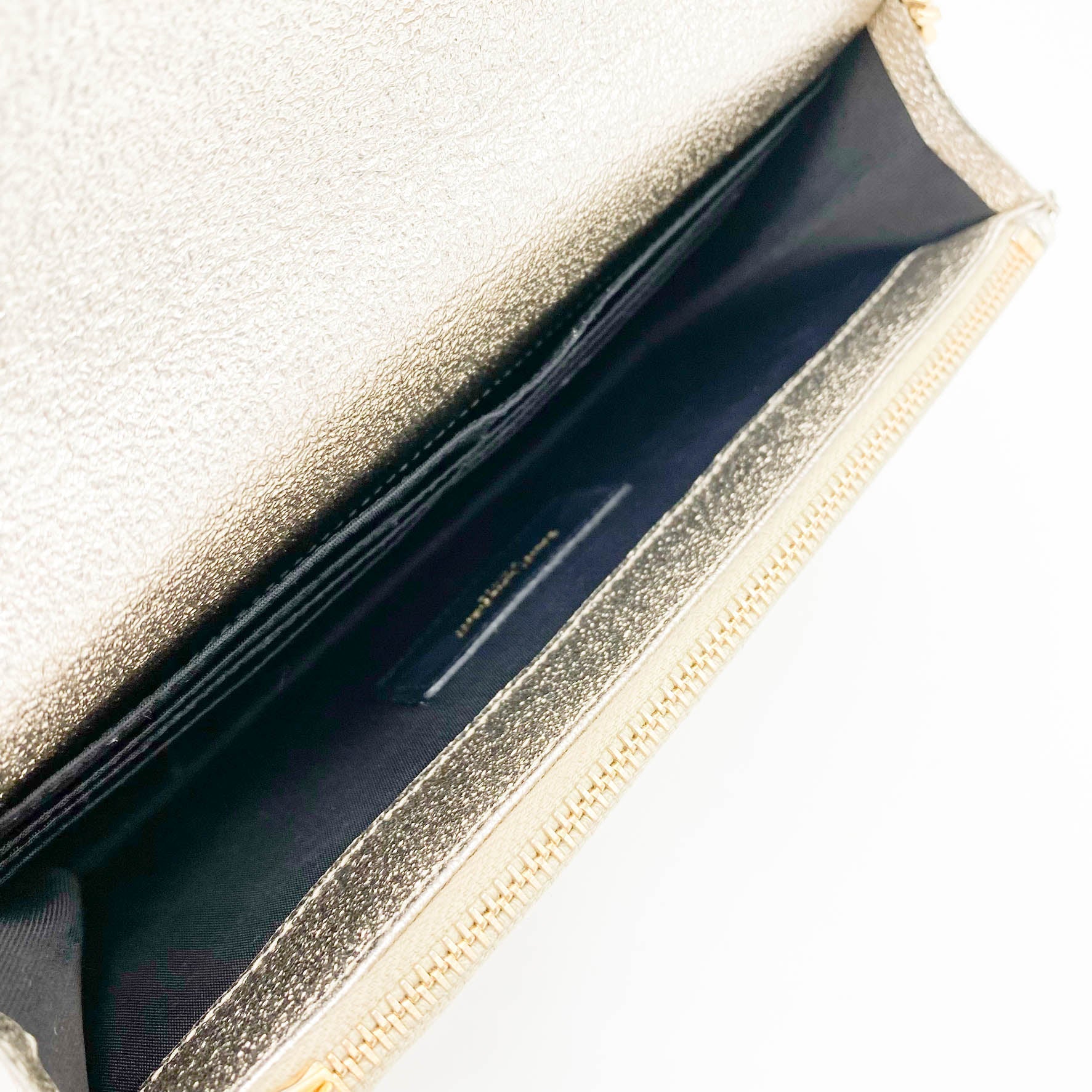 Saint Laurent Chain Wallet Monogram Envelope Metallic Calfskin Matelasse Chevron Pale Gold Leather Shoulder Bag