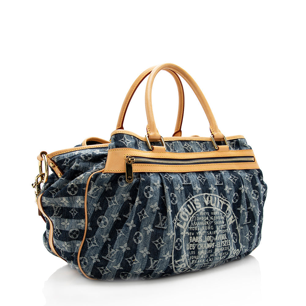 Louis Vuitton Limited Edition Monogram Denim Porte Epaule Raye GM Satchel (SHF-18305)