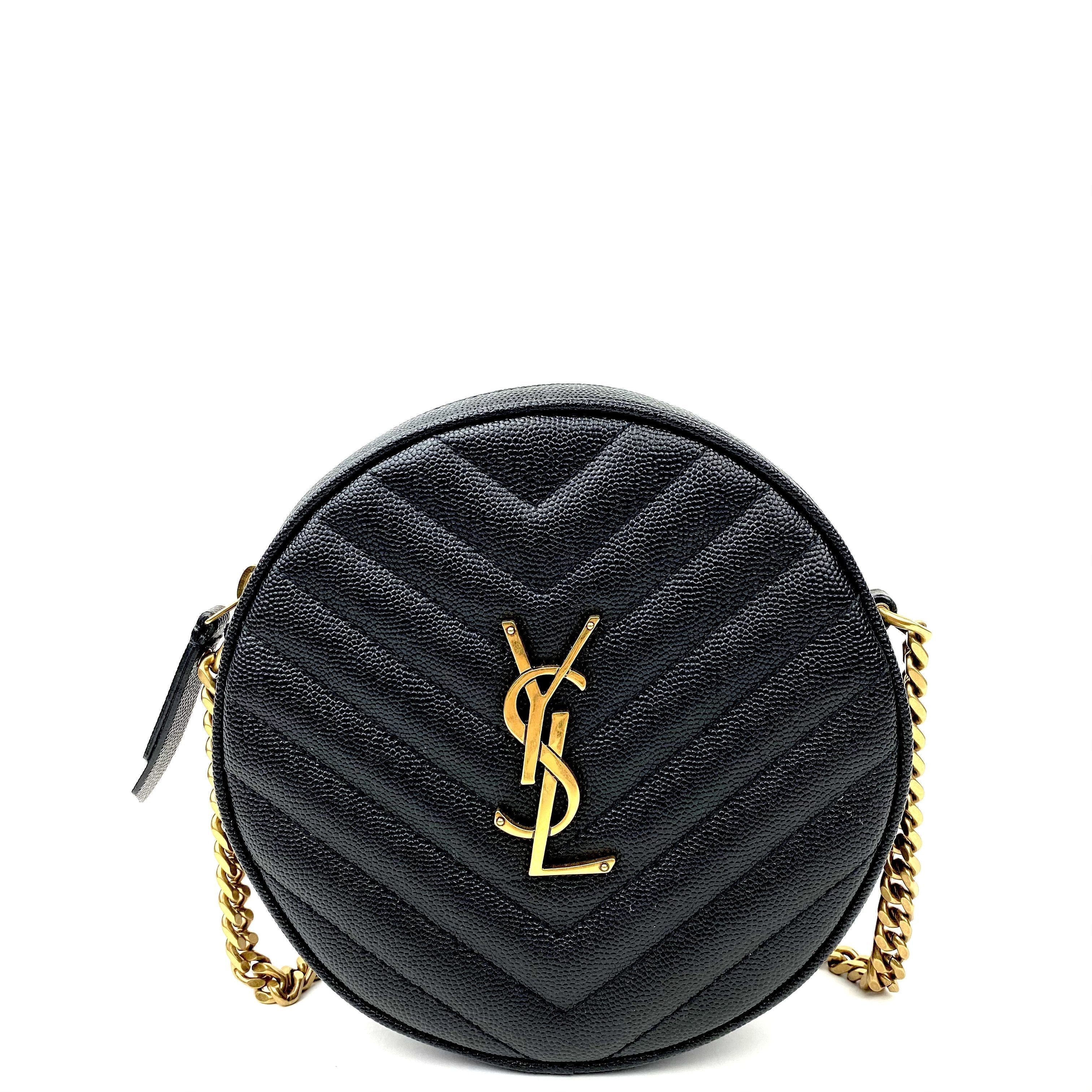 SAINT LAURENT Vinyle YSL Round Quilted Grain de Poudre Crossbody Bag