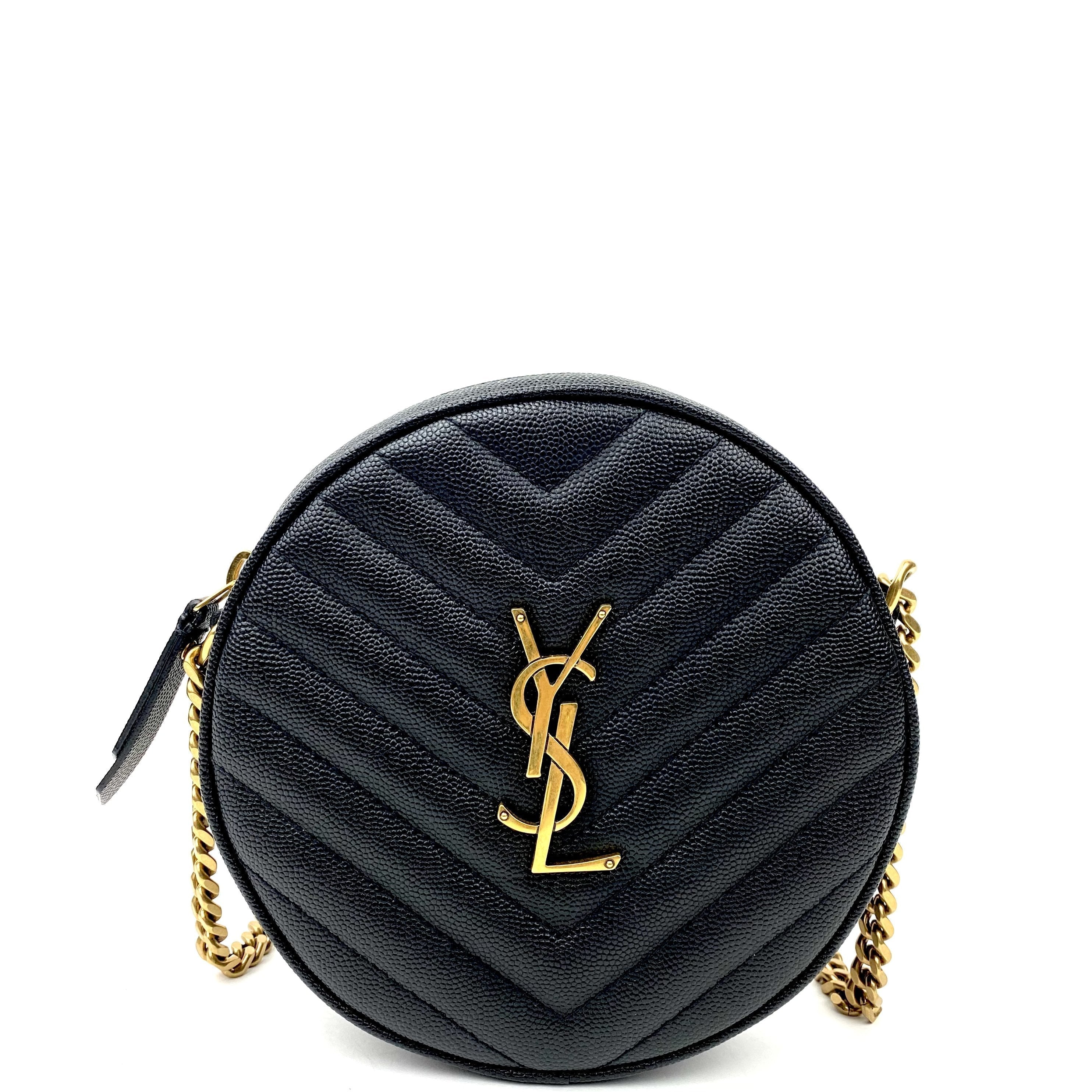 SAINT LAURENT Vinyle YSL Round Quilted Grain de Poudre Crossbody Bag