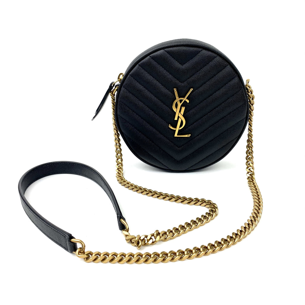 SAINT LAURENT Vinyle YSL Round Quilted Grain de Poudre Crossbody Bag