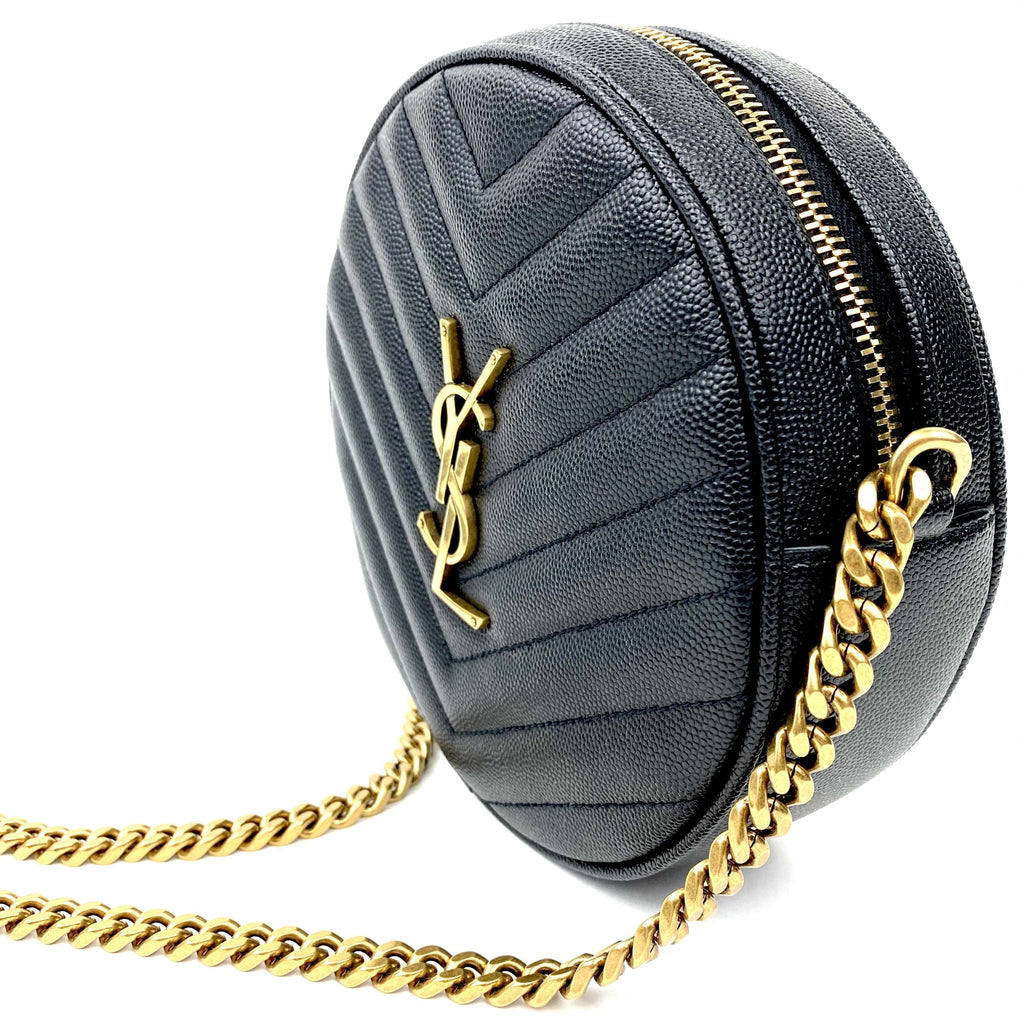 SAINT LAURENT Vinyle YSL Round Quilted Grain de Poudre Crossbody Bag