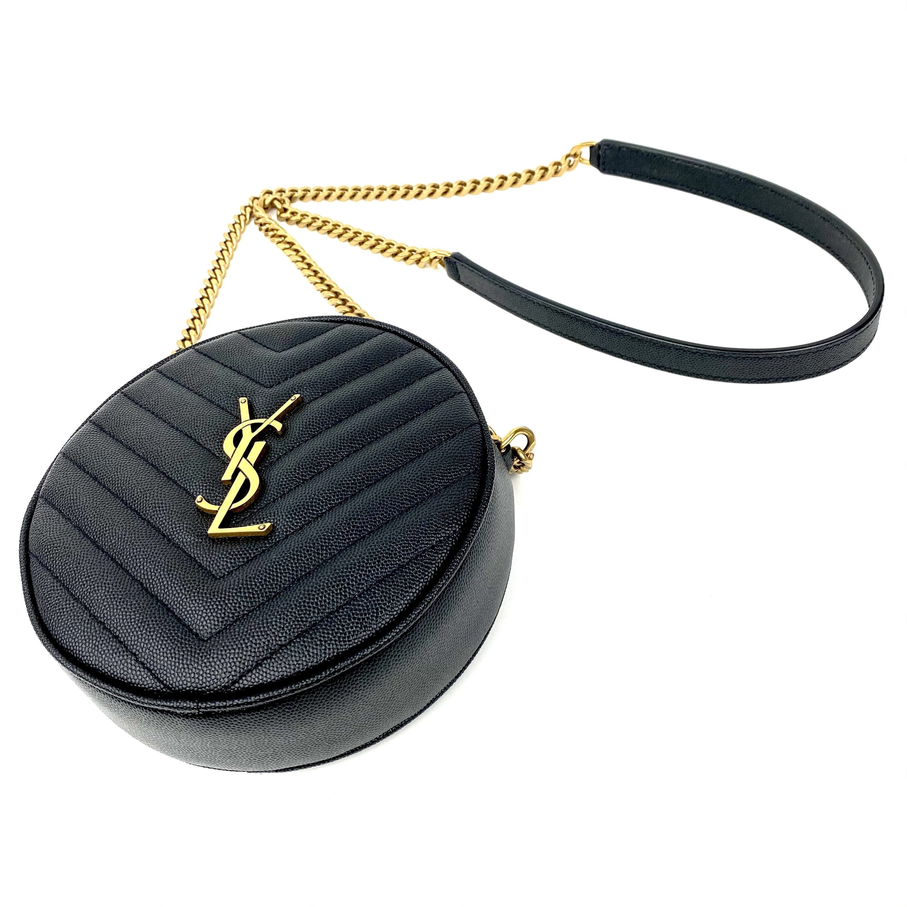 SAINT LAURENT Vinyle YSL Round Quilted Grain de Poudre Crossbody Bag