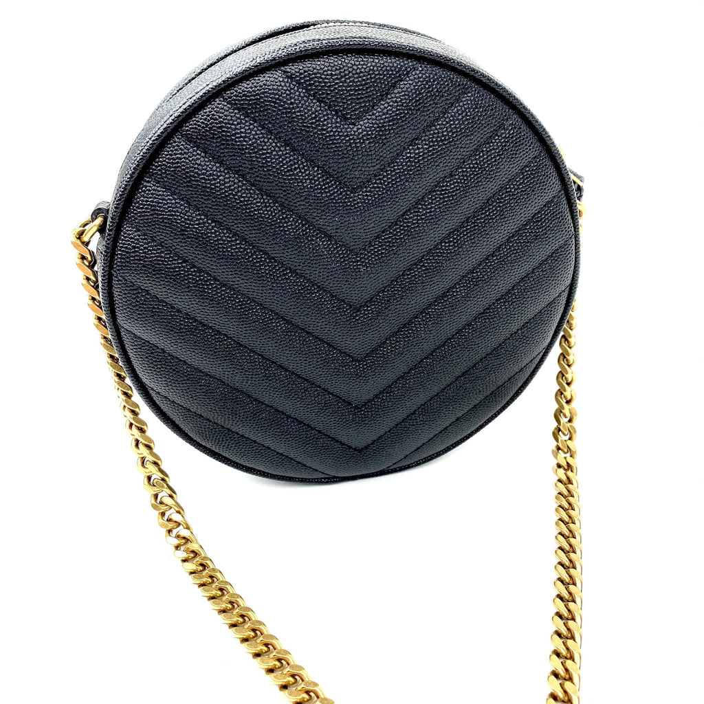 SAINT LAURENT Vinyle YSL Round Quilted Grain de Poudre Crossbody Bag