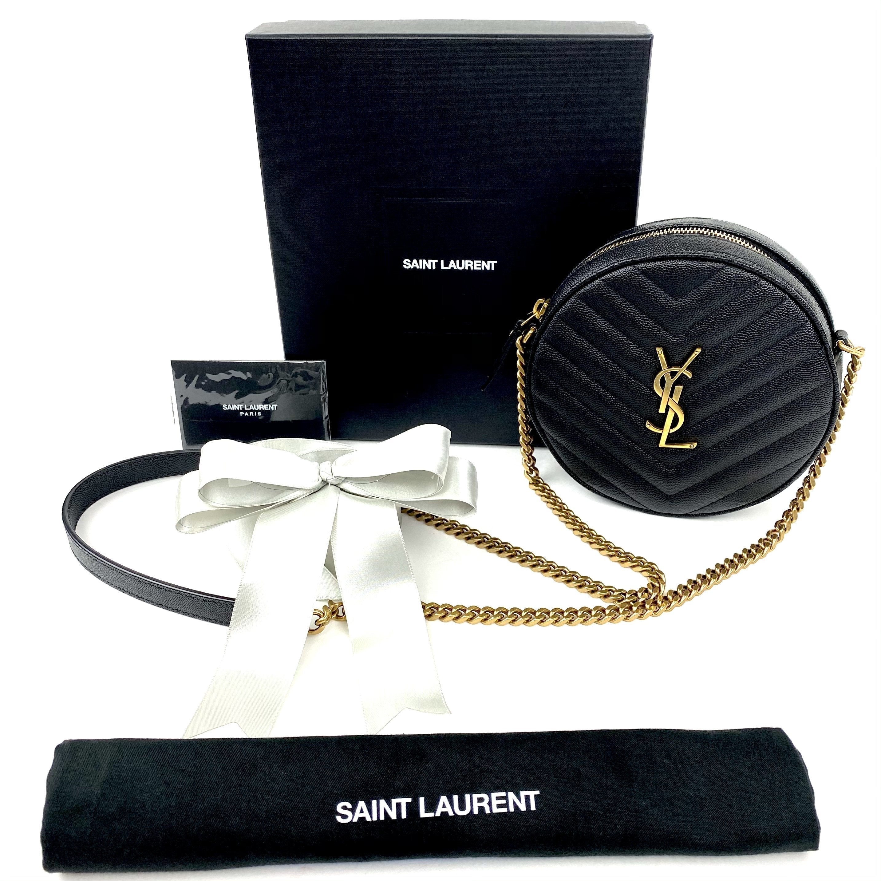 SAINT LAURENT Vinyle YSL Round Quilted Grain de Poudre Crossbody Bag