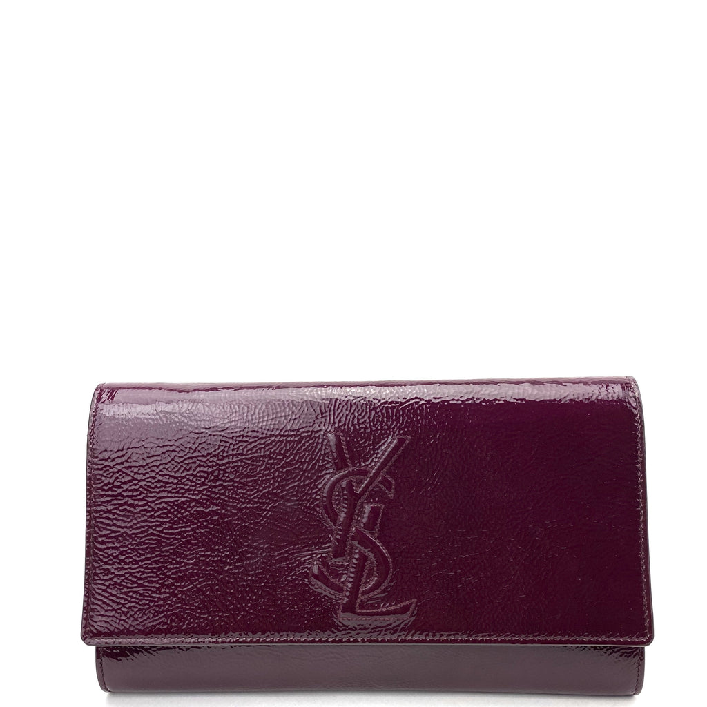 SAINT LAURENT Textured Patent Monogram Large Belle De Jour Clutch Burgundy