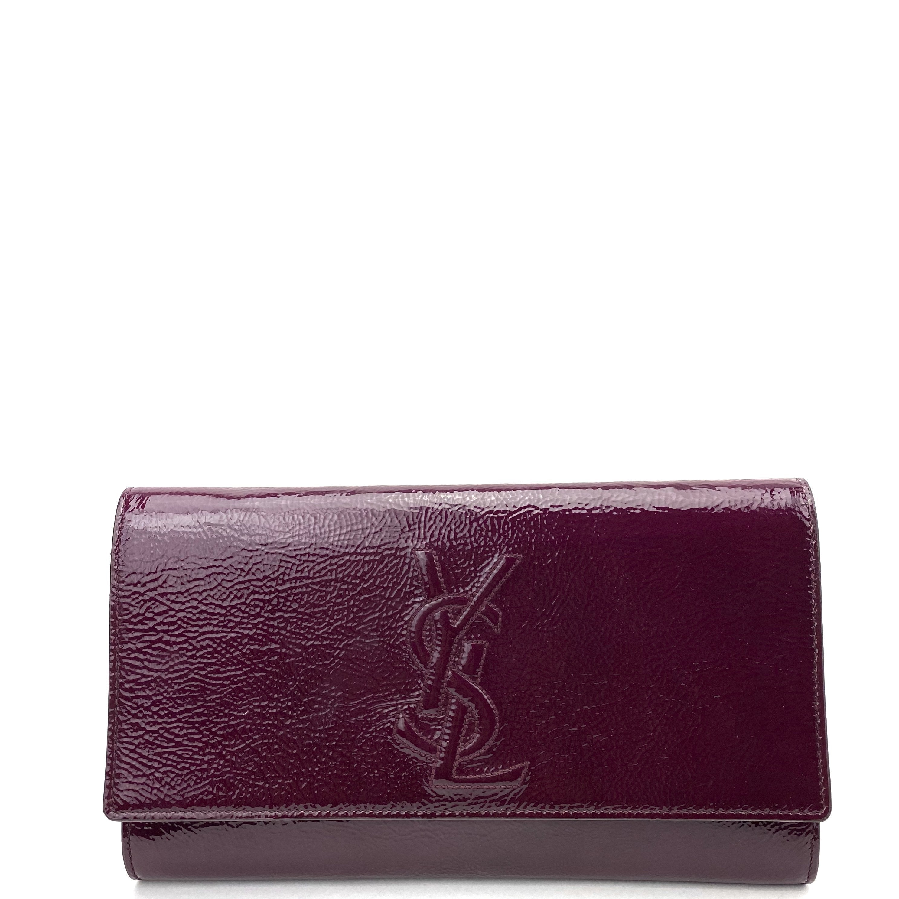 SAINT LAURENT Textured Patent Monogram Large Belle De Jour Clutch Burgundy