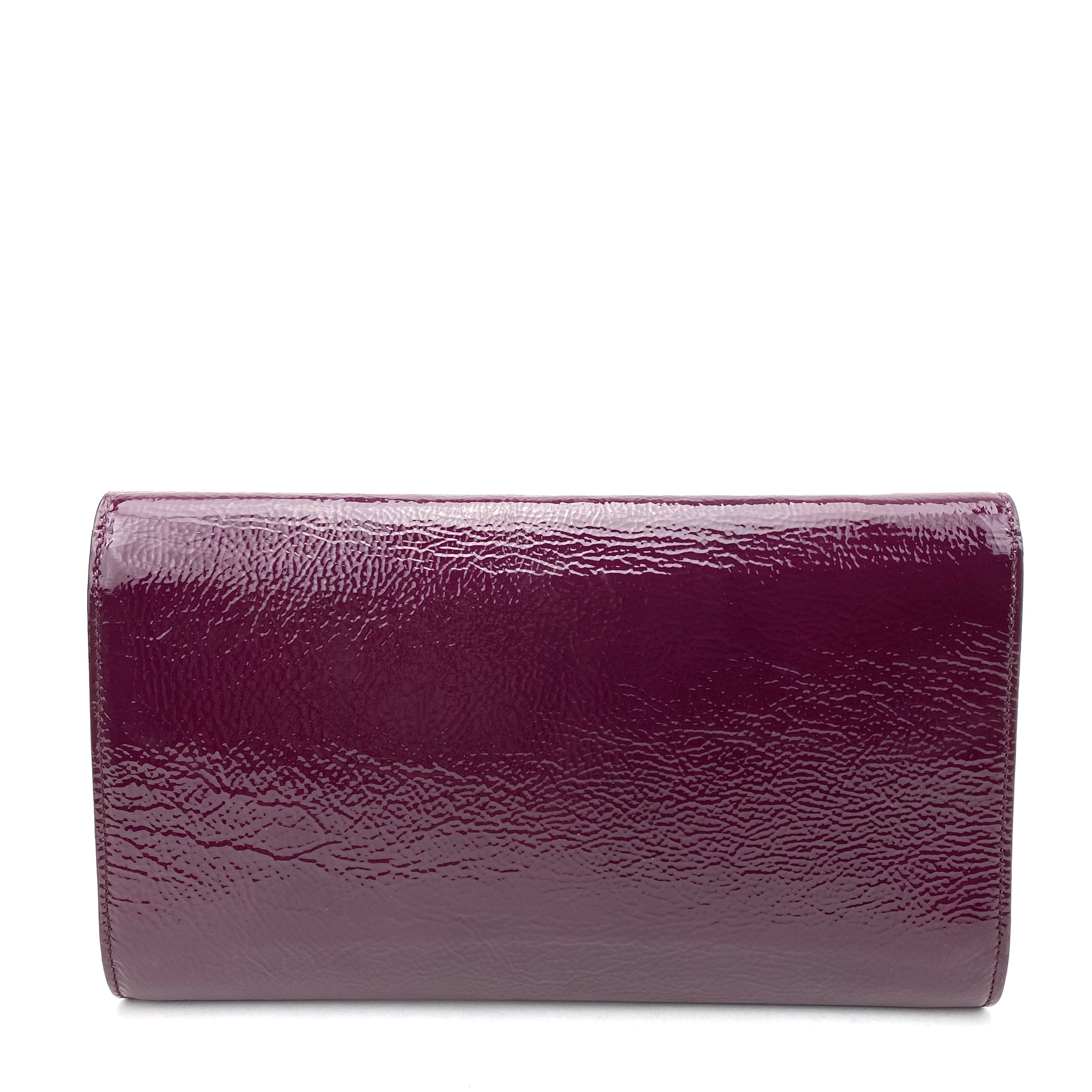 SAINT LAURENT Textured Patent Monogram Large Belle De Jour Clutch Burgundy