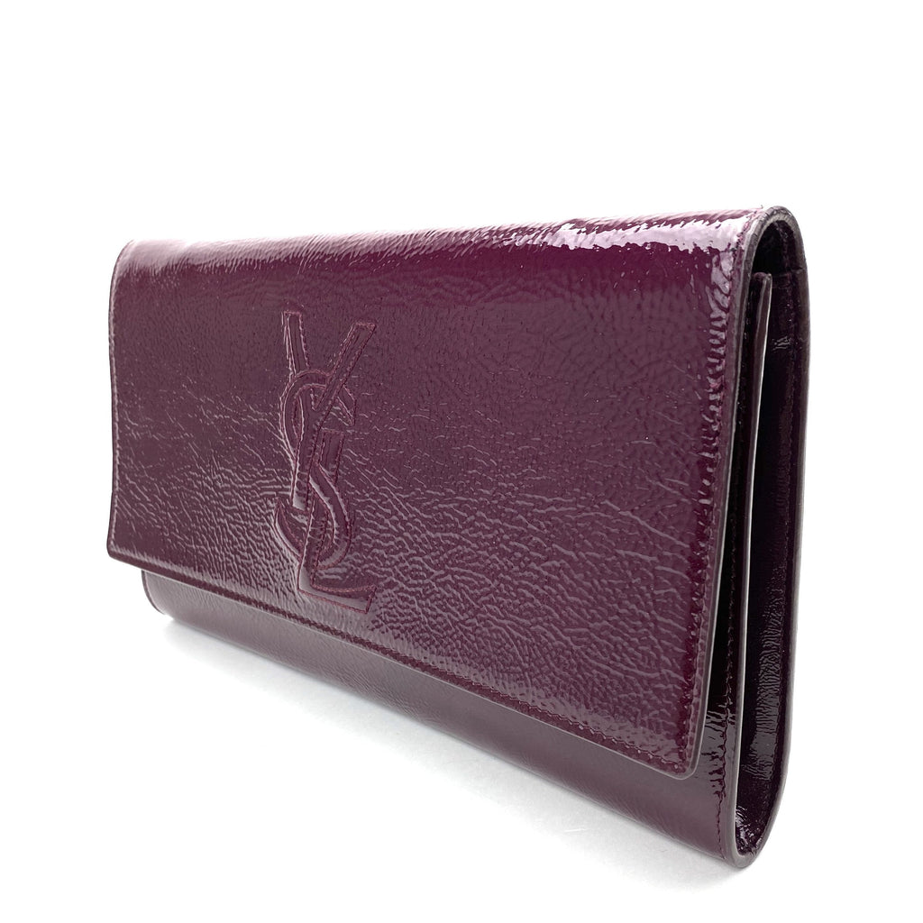 SAINT LAURENT Textured Patent Monogram Large Belle De Jour Clutch Burgundy