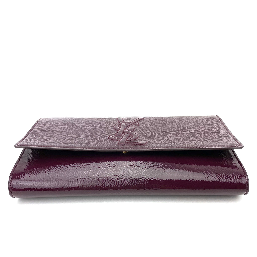 SAINT LAURENT Textured Patent Monogram Large Belle De Jour Clutch Burgundy