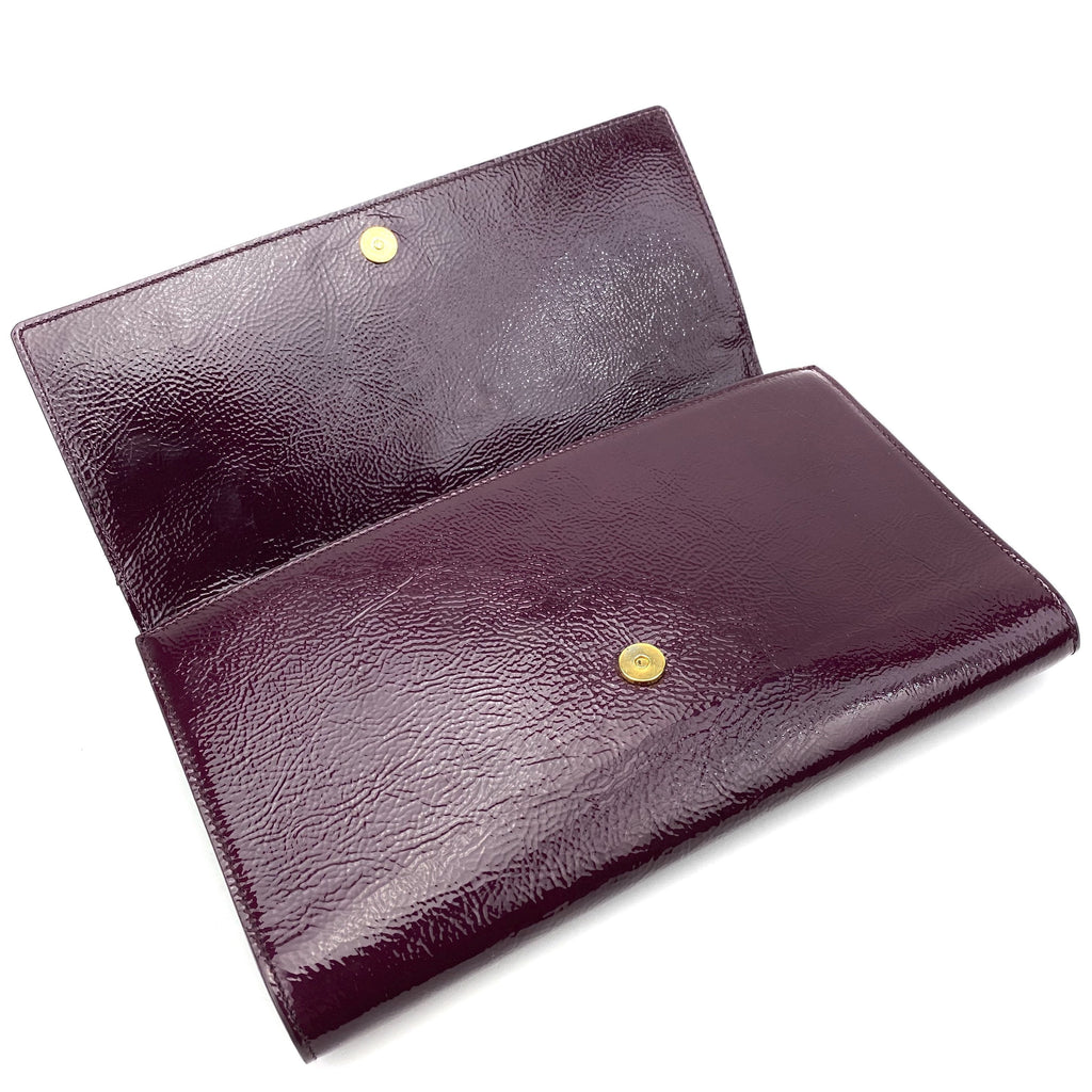 SAINT LAURENT Textured Patent Monogram Large Belle De Jour Clutch Burgundy