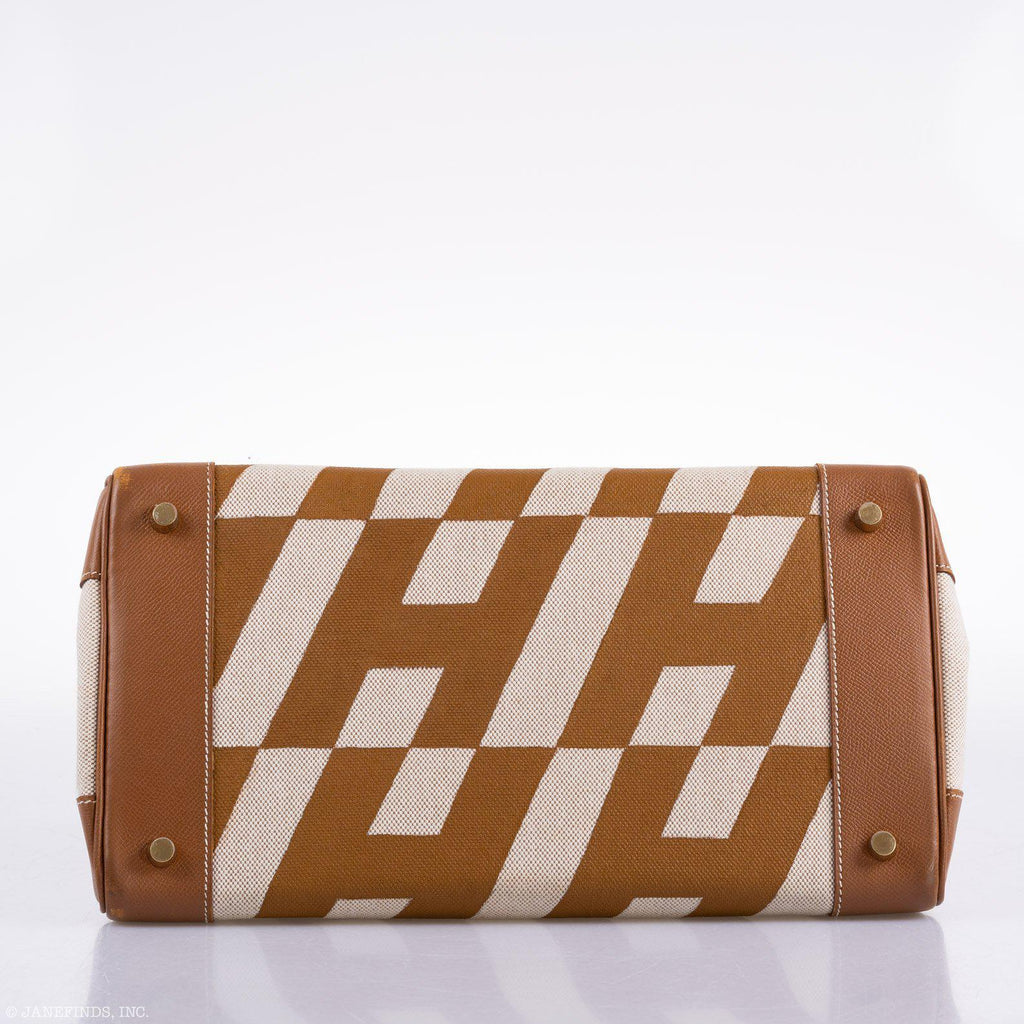 Vintage Hermes Birkin 35 Gold Courchevel with Painted Ulysses Toile Canvas & Gold Hardware - 1998, B Square