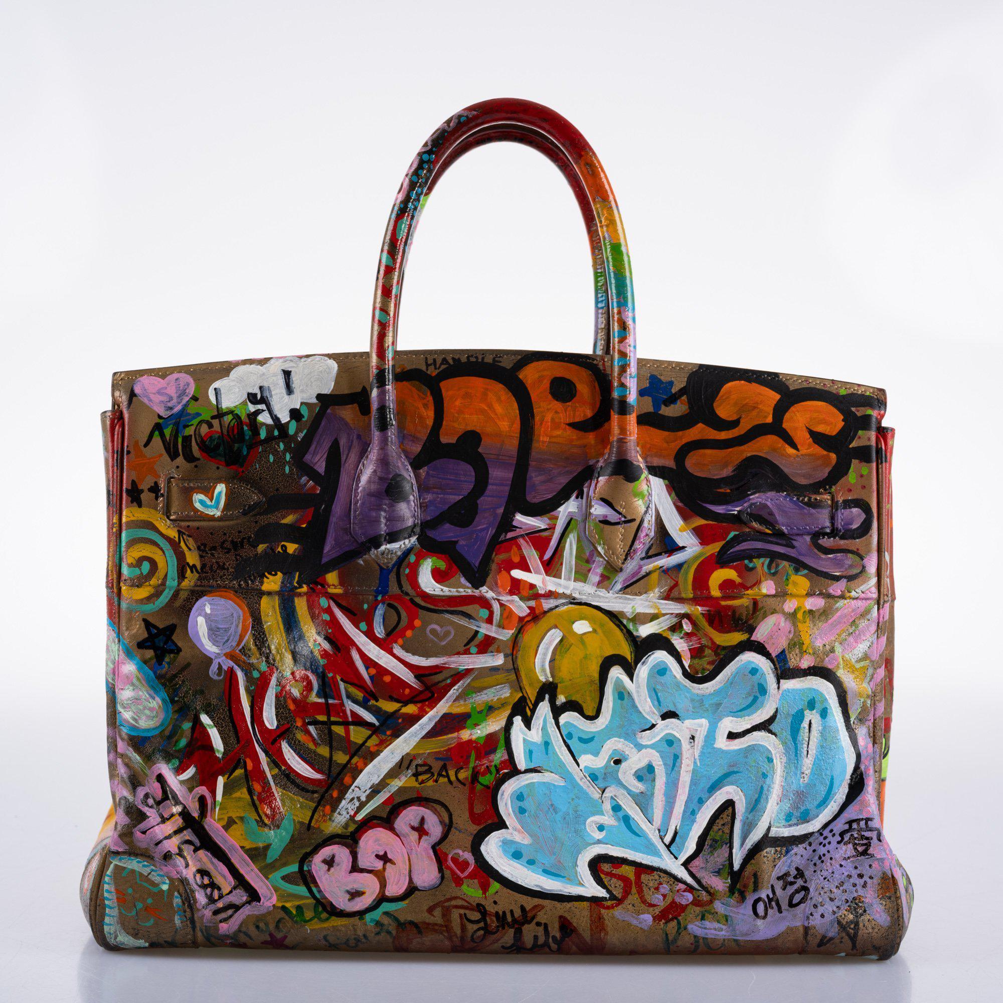 Vintage Hermes ‘Graffiti’ Birkin 35 Custom Painted Box Leather with Gold Hardware - 1998, B Square, Artwork 2021.