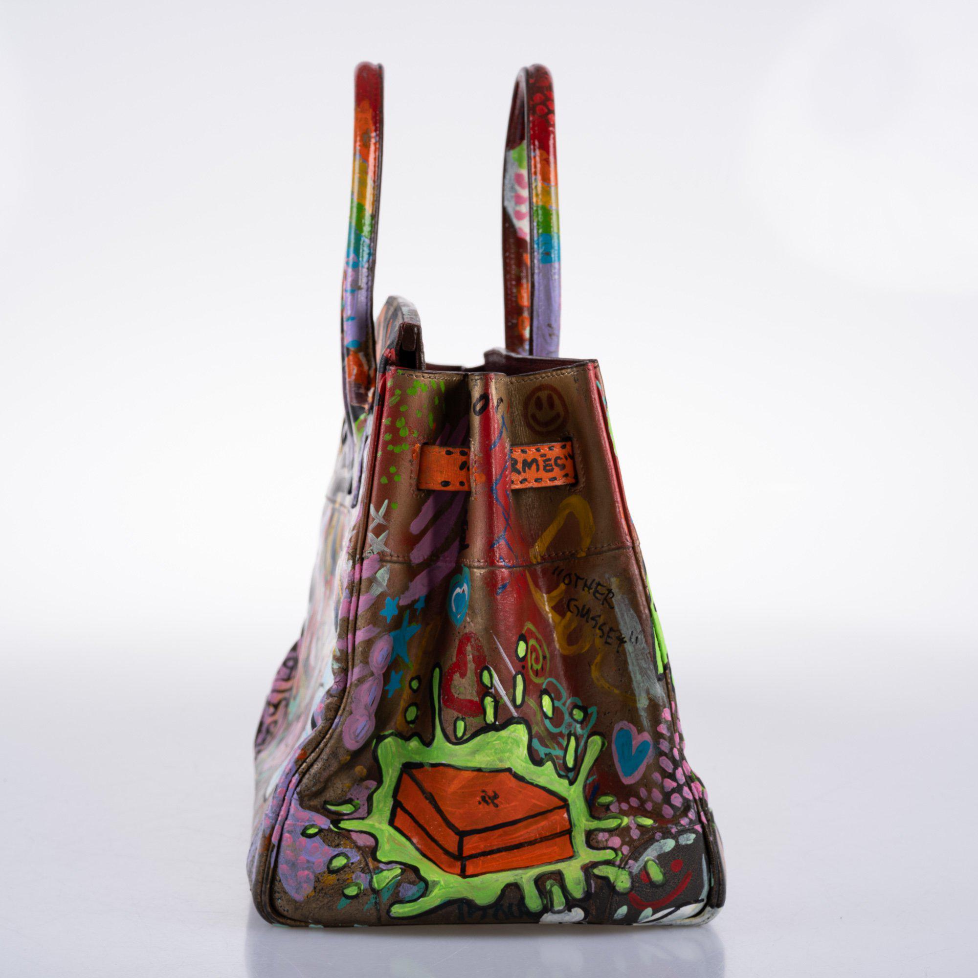 Vintage Hermes ‘Graffiti’ Birkin 35 Custom Painted Box Leather with Gold Hardware - 1998, B Square, Artwork 2021.