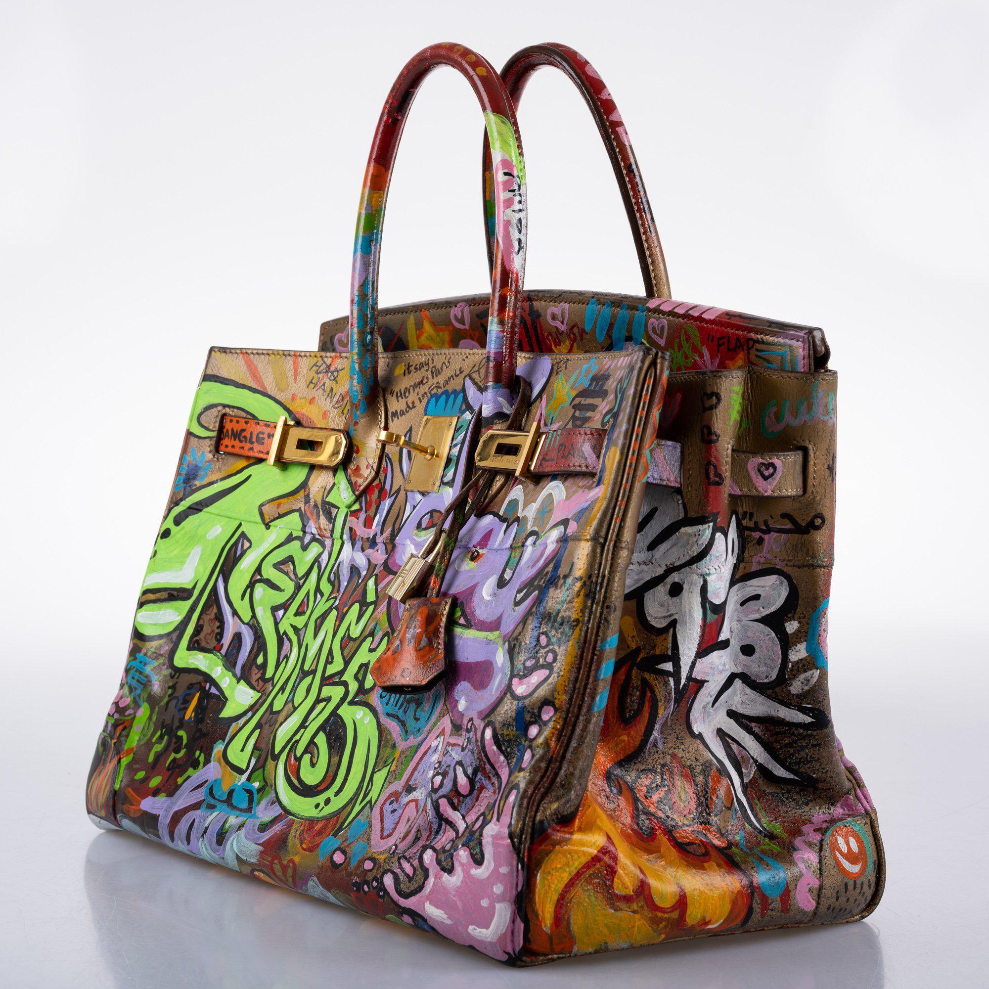 Vintage Hermes ‘Graffiti’ Birkin 35 Custom Painted Box Leather with Gold Hardware - 1998, B Square, Artwork 2021.