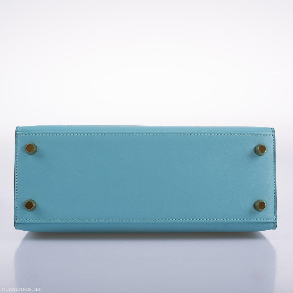 Vintage Hermes Kelly 25 Sellier Blue Atoll Tadelakt with Custom Feather Panel Gold Hardware