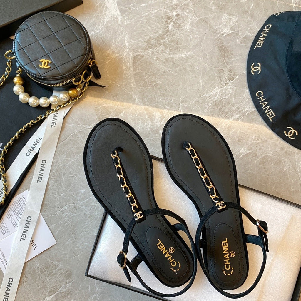 Chanel Sandals Patent Calfskin Black