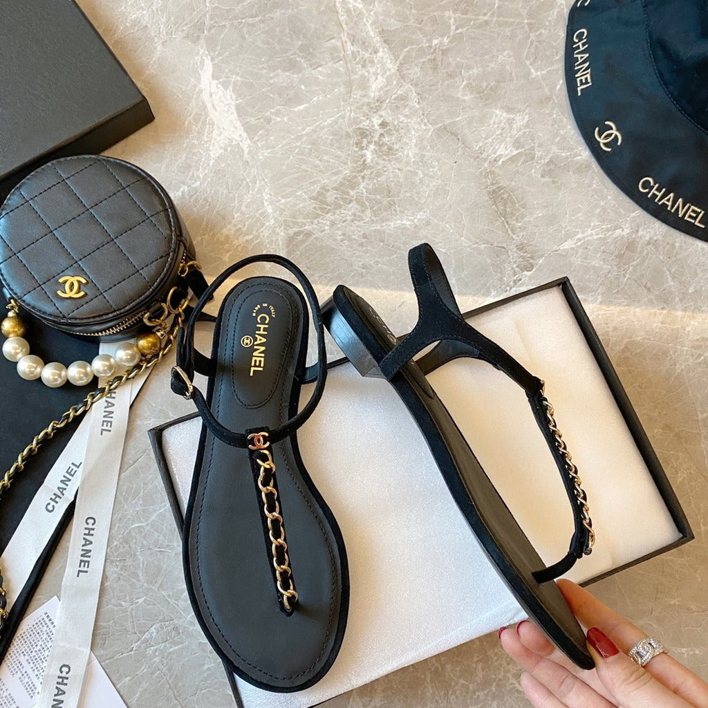Chanel Sandals Patent Calfskin Black