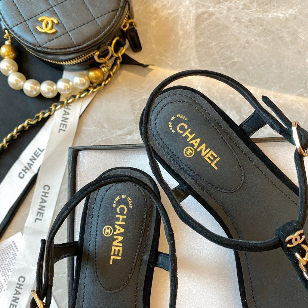Chanel Sandals Patent Calfskin Black