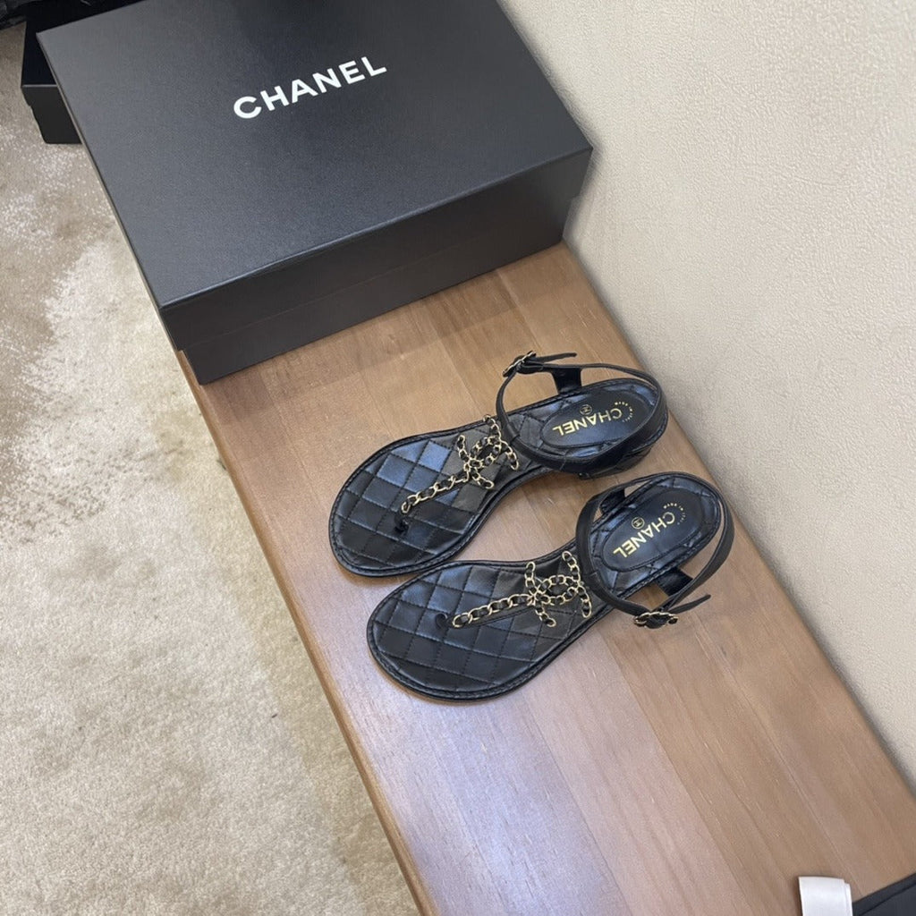 Chanel Sandals Patent Calfskin Black