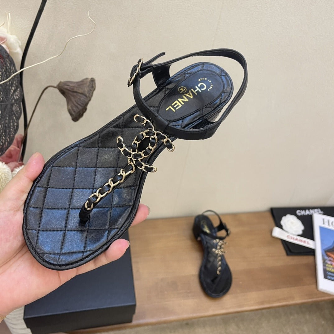 Chanel Sandals Patent Calfskin Black