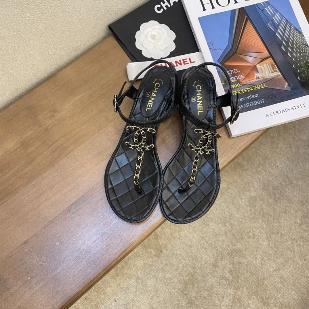 Chanel Sandals Patent Calfskin Black