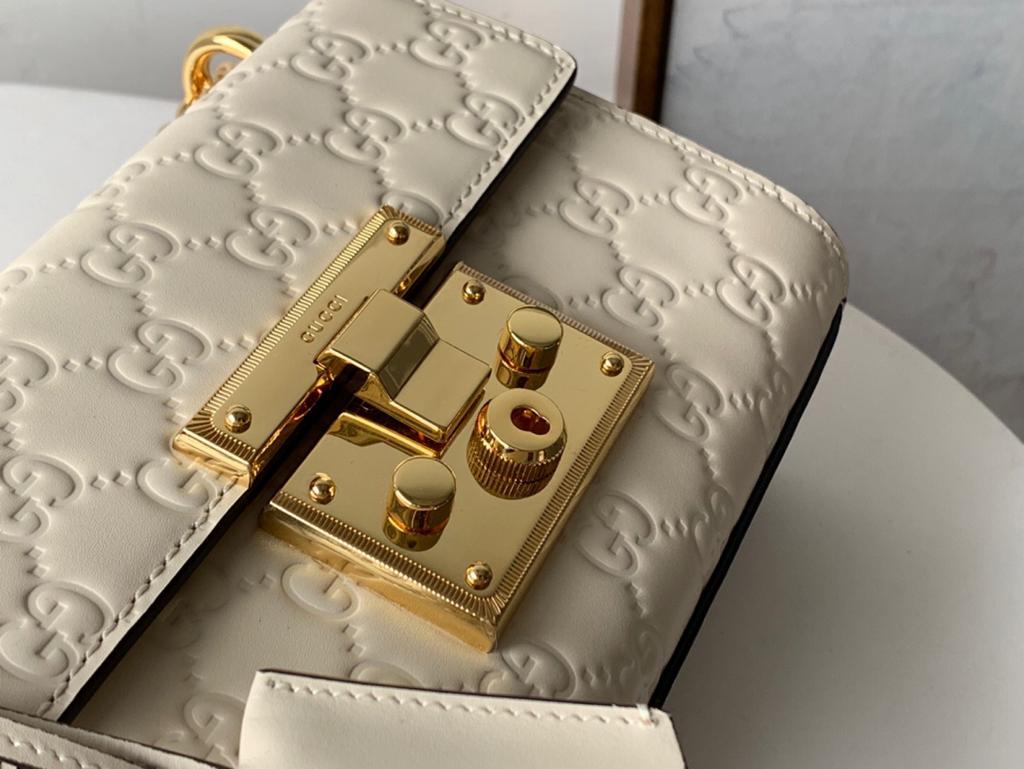 Gucci GG Embossed Padlock Shoulder Bag White Milky 20cm