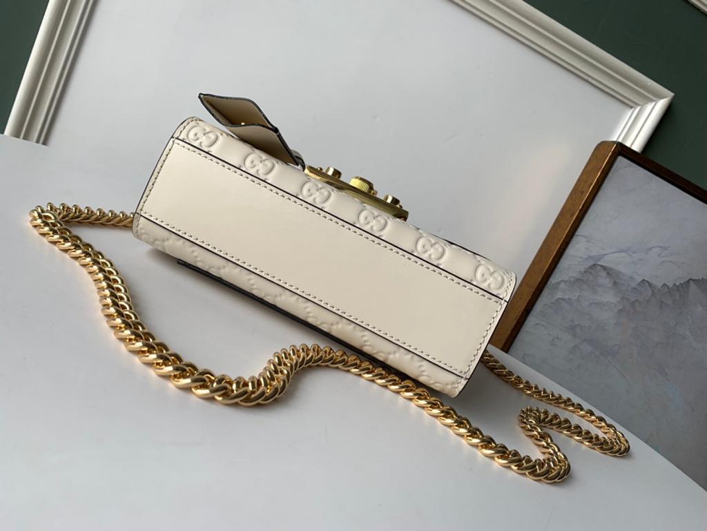 Gucci GG Embossed Padlock Shoulder Bag White Milky 20cm