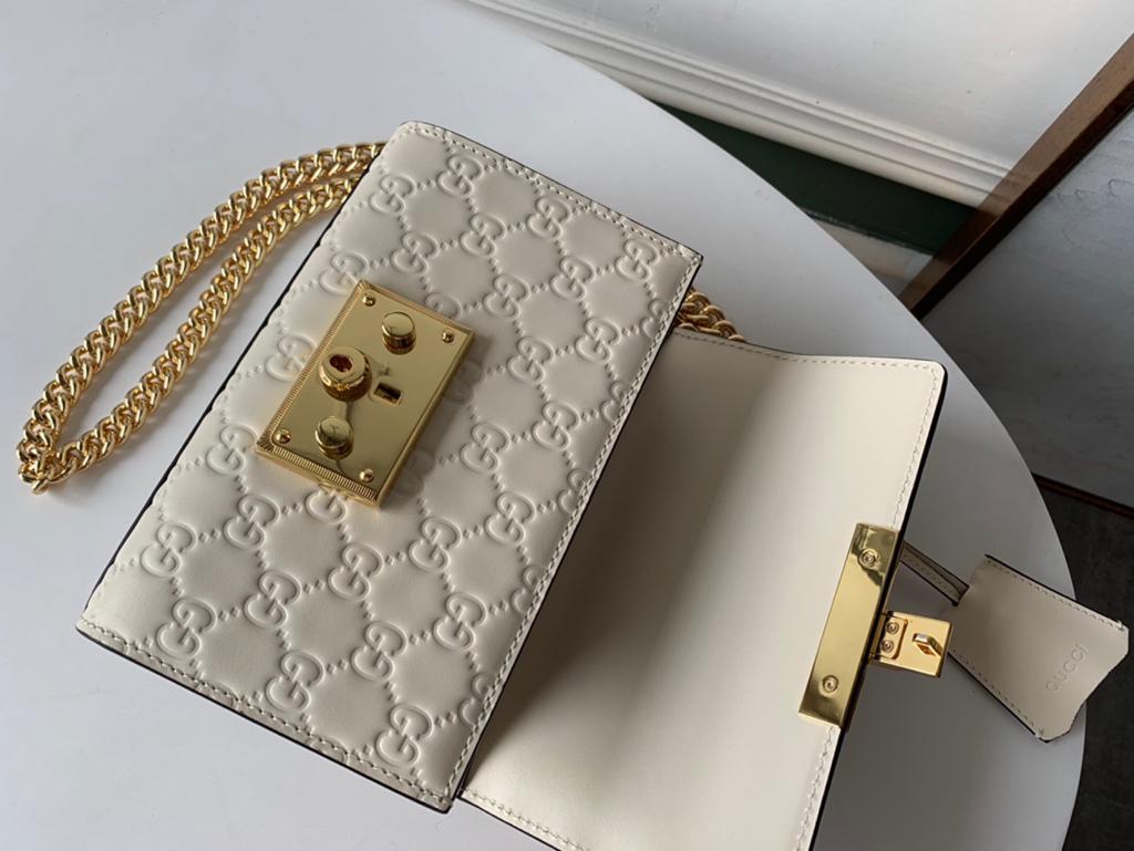 Gucci GG Embossed Padlock Shoulder Bag White Milky 20cm