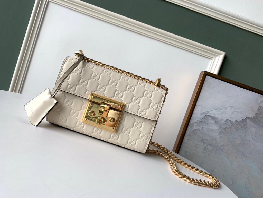 Gucci GG Embossed Padlock Shoulder Bag White Milky 20cm
