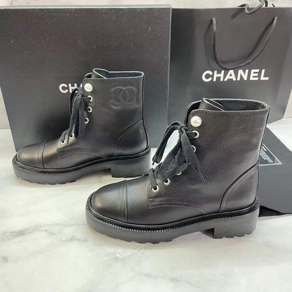 Chanel Pearl Embellished Ankle Boots Calfskin Leather Fall/Winter Collection Black