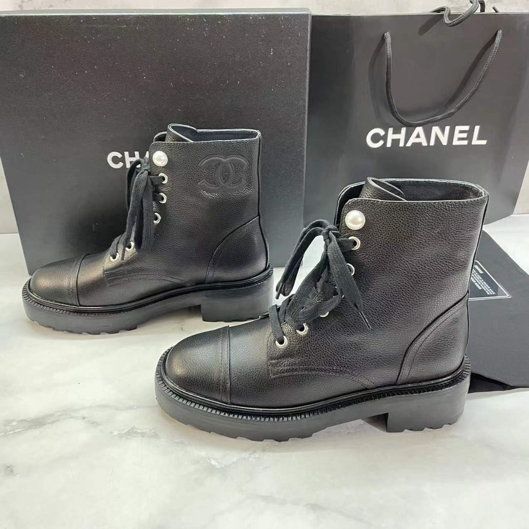 Chanel Pearl Embellished Ankle Boots Calfskin Leather Fall/Winter Collection Black