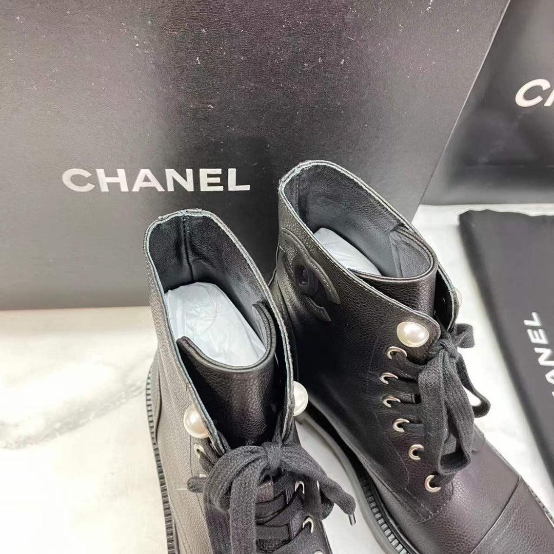 Chanel Pearl Embellished Ankle Boots Calfskin Leather Fall/Winter Collection Black